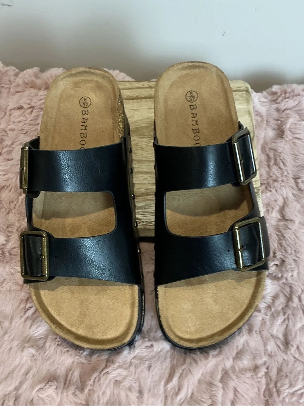 BAMBOO  Blowout Black Platform Double Buckle Slide Sandals